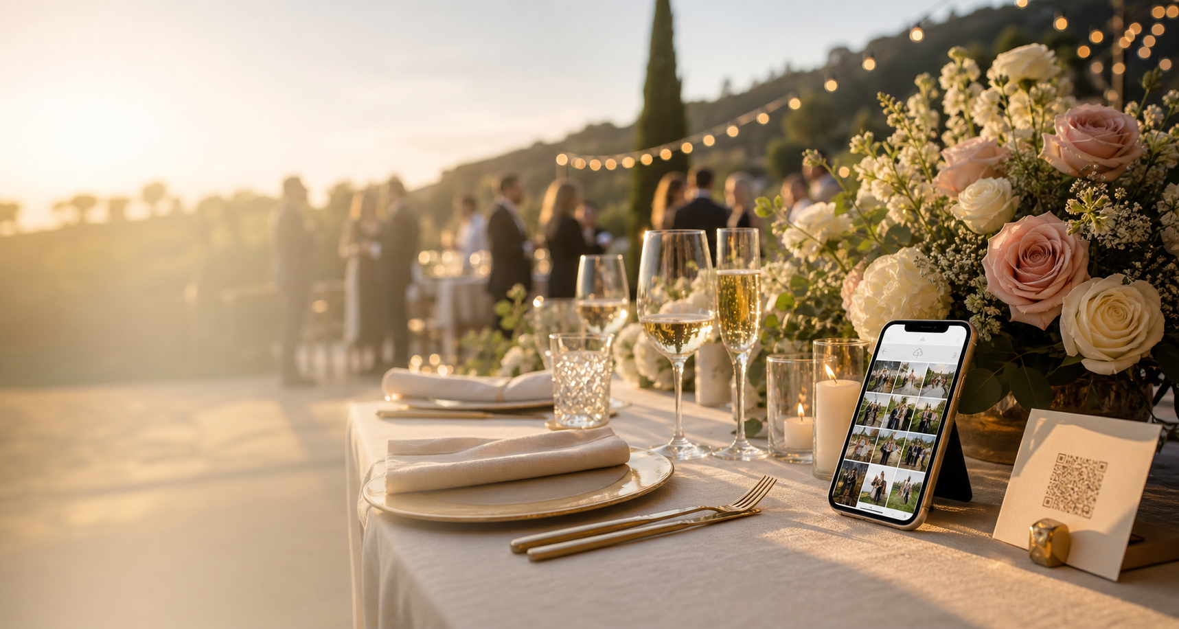 Elegante Hochzeitsszene mit Smartphone und QR-Karte
