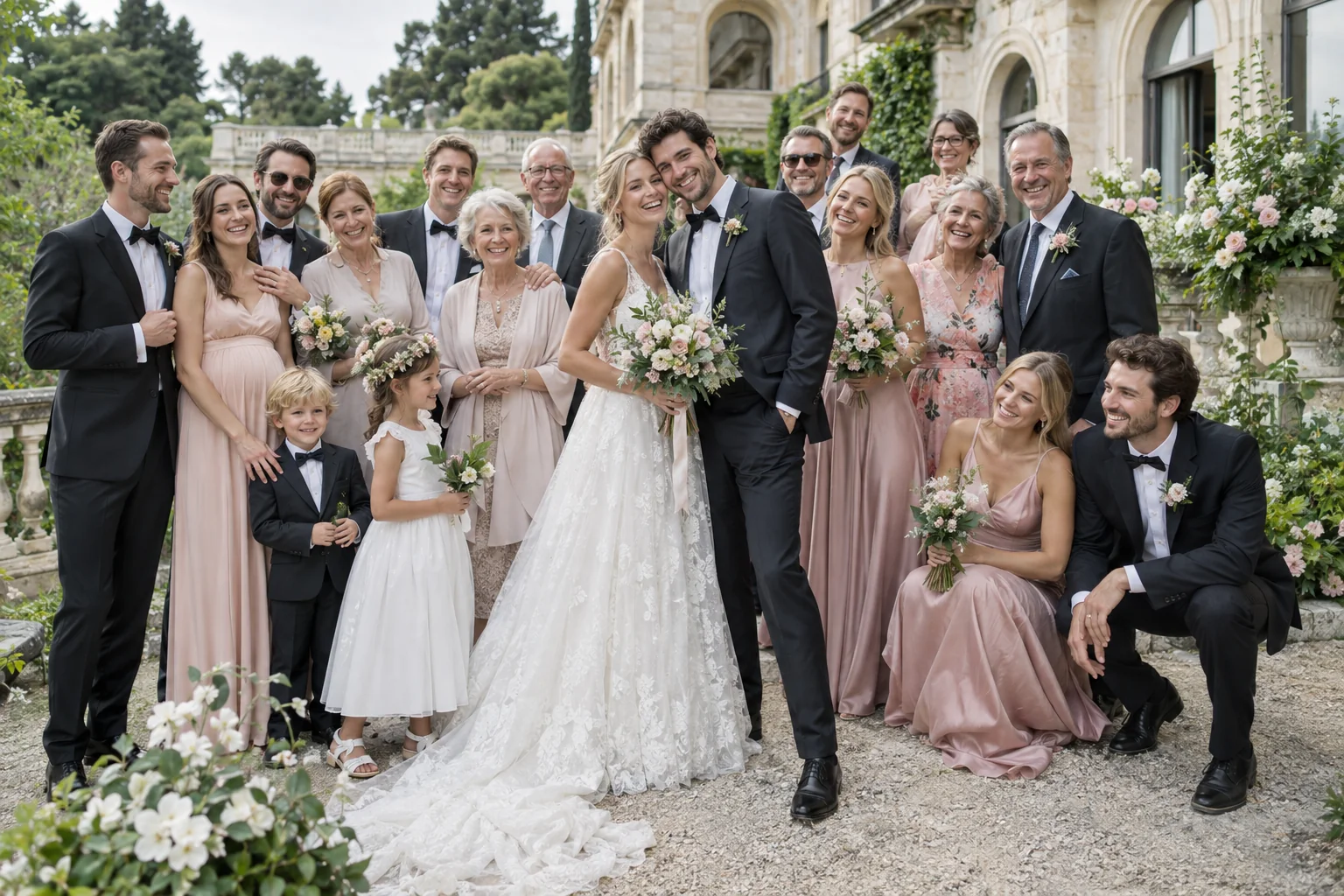 Natürlich arrangiertes Gruppenfoto einer Hochzeitsgesellschaft