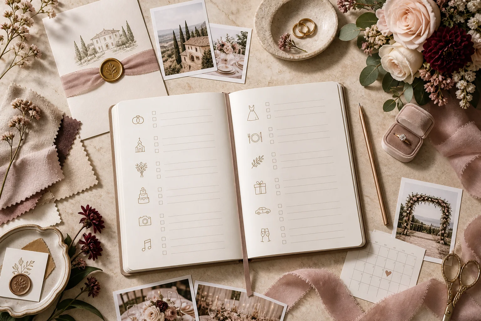 Offener Hochzeitsplaner mit vollständiger Checkliste