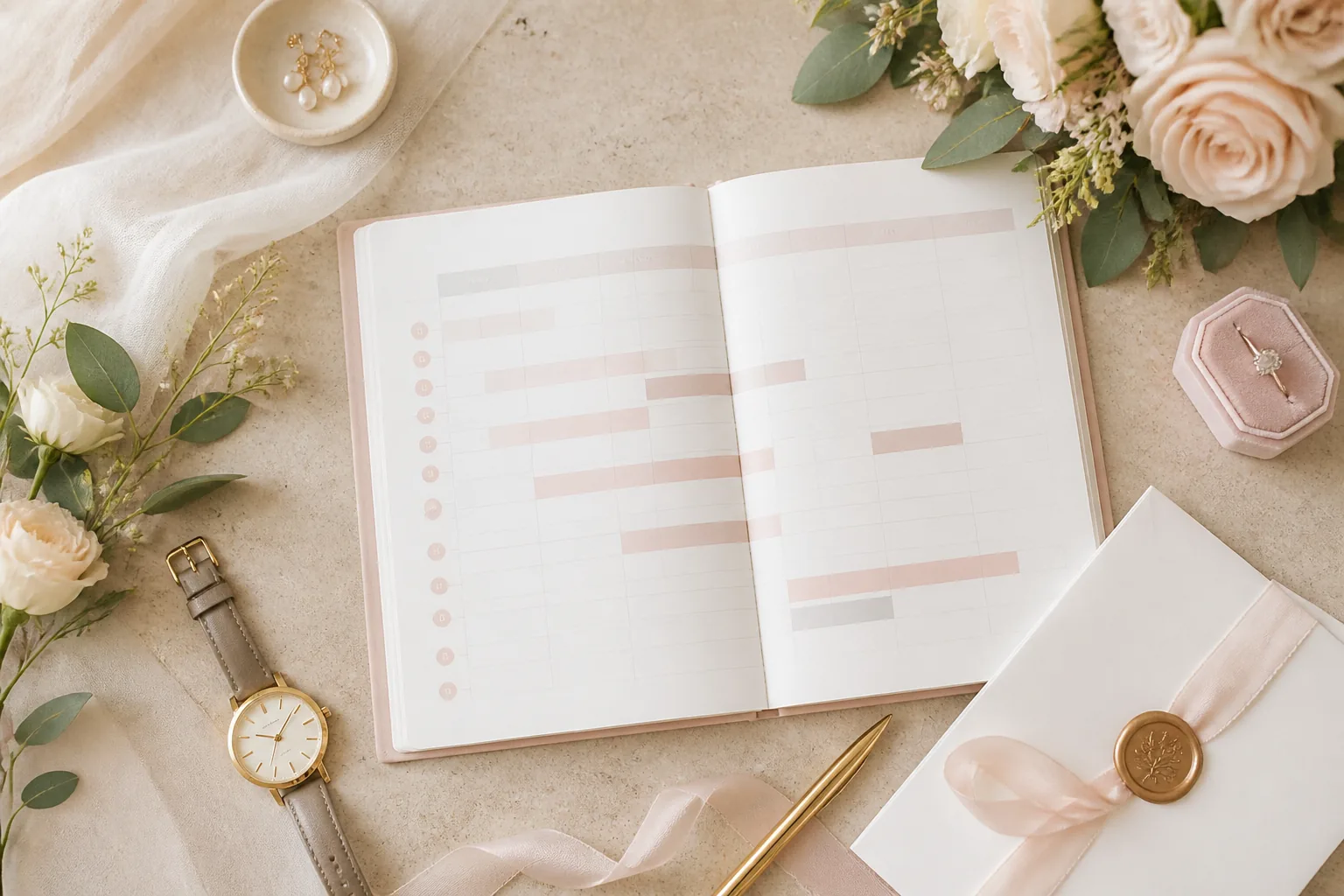 Hochzeitsplaner mit Zeitplan und Uhr