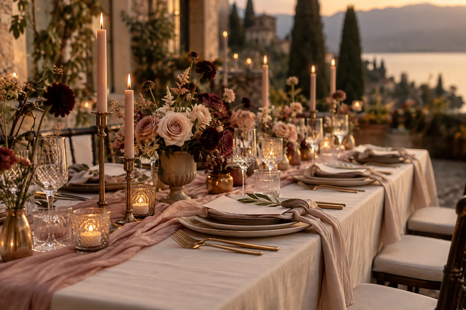 Modern dekorierter Hochzeitstisch bei Sonnenuntergang