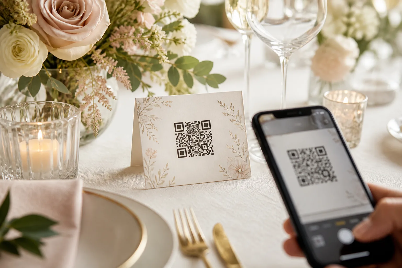 QR-Code auf einem elegant gedeckten Hochzeitstisch
