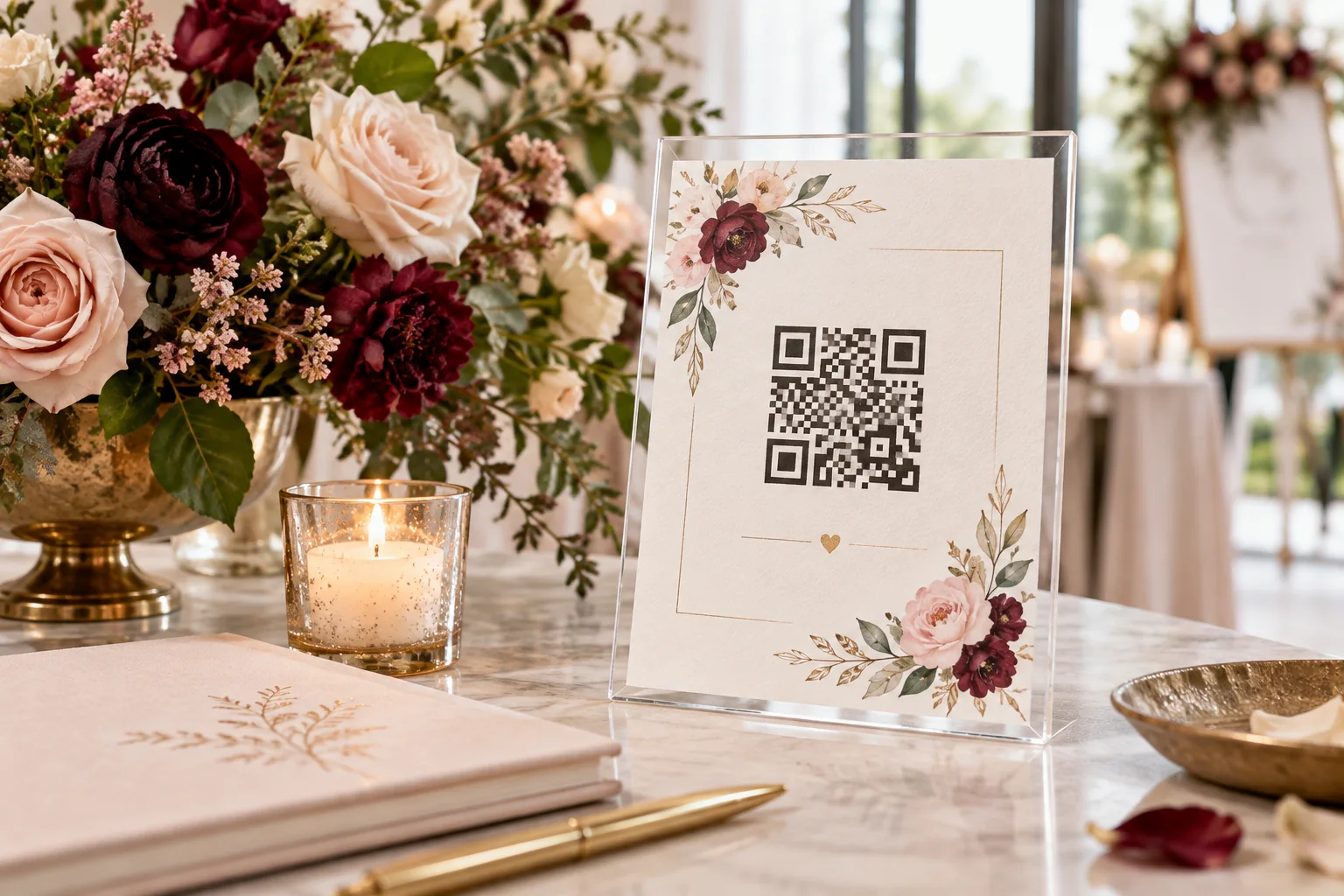 Stilvoll gerahmtes QR-Code-Schild mit Blumen
